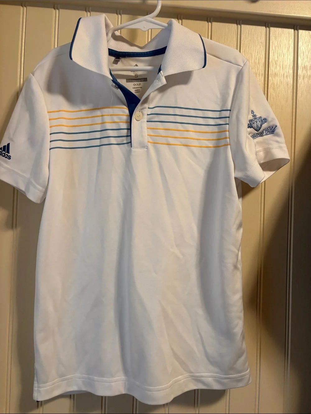 adidas White Polo with Blue and Yellow Chest Stripes and Blue Trim